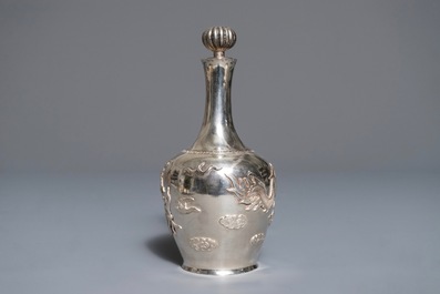 A Chinese silver liquor set on tray with applied dragon design, 19/20th C.