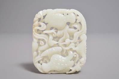 A Chinese reticulated jade plaque with geese and lotus flowers, 19/20th C.