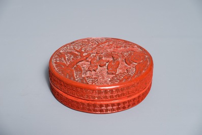 Three round Chinese cinnabar lacquer covered boxes with figures in landscapes, 19/20th C.