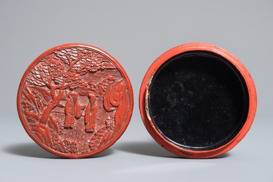Three round Chinese cinnabar lacquer covered boxes with figures in landscapes, 19/20th C.