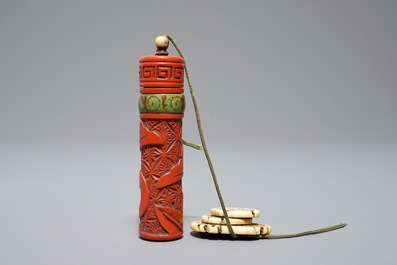Three Japanese maki-e and red lacquer inro with ojime and netsuke, Meiji, 19/20th C.