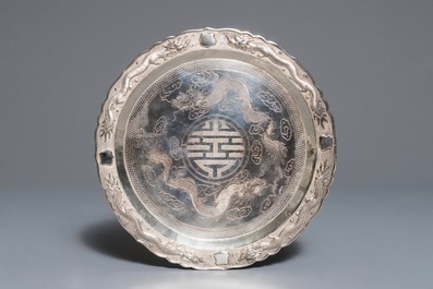 A Chinese silver liquor set on tray with applied dragon design, 19/20th C.