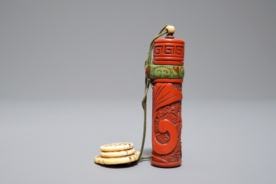 Three Japanese maki-e and red lacquer inro with ojime and netsuke, Meiji, 19/20th C.