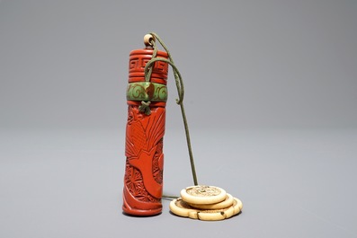 Three Japanese maki-e and red lacquer inro with ojime and netsuke, Meiji, 19/20th C.