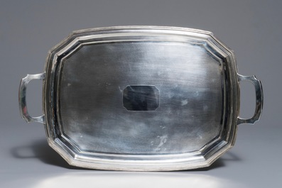 A Chinese silver art deco tea service on tray, Republic, 1st half 20th C.