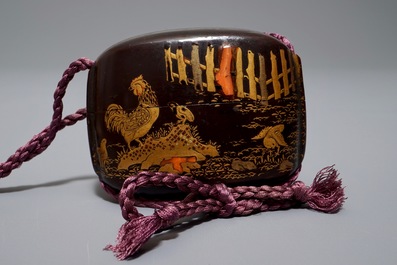 Three Japanese maki-e lacquer and bamboo inro with ojime and netsuke, Meiji, 19/20th C.