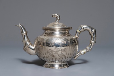 A Chinese silver-plated tea service on tray, Republic, 1st half 20th C.