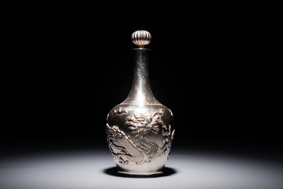 A Chinese silver liquor set on tray with applied dragon design, 19/20th C.