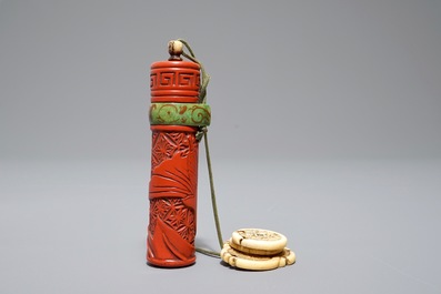 Three Japanese maki-e and red lacquer inro with ojime and netsuke, Meiji, 19/20th C.