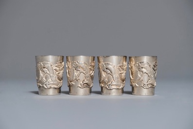 A Chinese silver liquor set on tray with applied dragon design, 19/20th C.