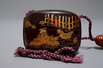 Three Japanese maki-e lacquer and bamboo inro with ojime and netsuke, Meiji, 19/20th C.