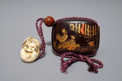 Three Japanese maki-e lacquer and bamboo inro with ojime and netsuke, Meiji, 19/20th C.