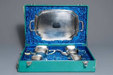 A Chinese silver art deco tea service on tray, Republic, 1st half 20th C.