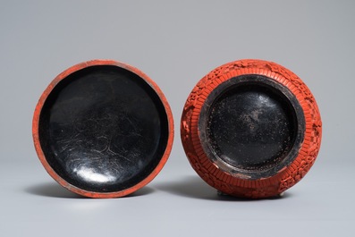 Three round Chinese cinnabar lacquer covered boxes with figures in landscapes, 19/20th C.