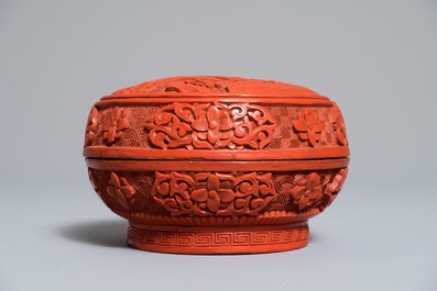 Three round Chinese cinnabar lacquer covered boxes with figures in landscapes, 19/20th C.