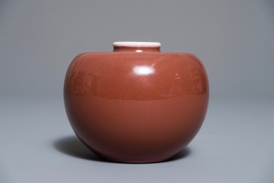 A Chinese monochrome liver-red brush washer, Kangxi mark, 19/20th C.