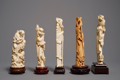 Five various Chinese carved ivory figures on wooden bases, 19/20th C.