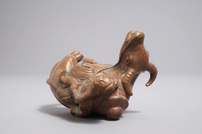 A Chinese bronze water dropper shaped as a boy on a buffalo, 18/19th C.