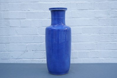 A Chinese monochrome powder blue rouleau vase, Kangxi