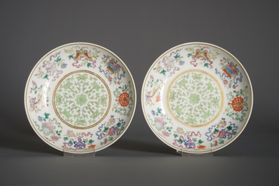 A pair of Chinese famille rose baijixiang plates with Eight Buddhist Emblems, Tongzhi mark and of the period