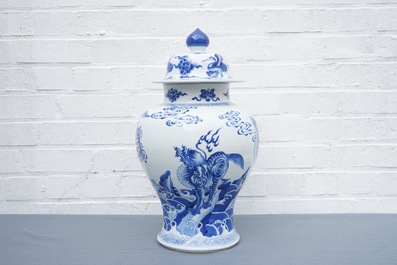A Chinese blue and white vase and cover with mythical beasts, Kangxi