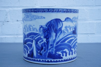 A Chinese blue and white cylindrical brush pot or bitong with mythical beasts, Kangxi