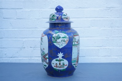 A Chinese famille verte on powder blue ground vase and cover, 19th C.