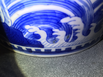 A Chinese blue and white cylindrical brush pot or bitong with mythical beasts, Kangxi