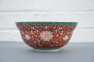 A Chinese coral-ground lotus scroll bowl, Jiaqing mark, 19/20th C.
