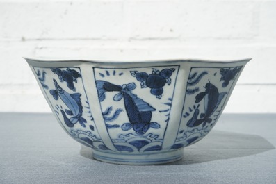 A Chinese blue and white octagonal bowl with various fish, Wanli