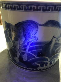 A Chinese blue and white cylindrical brush pot or bitong with mythical beasts, Kangxi