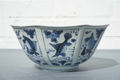 A Chinese blue and white octagonal bowl with various fish, Wanli