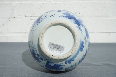 A Chinese blue and white bottle vase with figurative design around, Transitional period