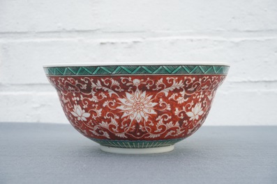 A Chinese coral-ground lotus scroll bowl, Jiaqing mark, 19/20th C.