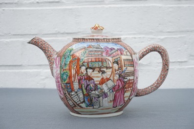 A rare Chinese famille rose rectangular 'Mandarin' teapot and cover, Qianlong