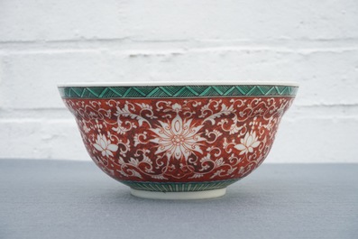 A Chinese coral-ground lotus scroll bowl, Jiaqing mark, 19/20th C.