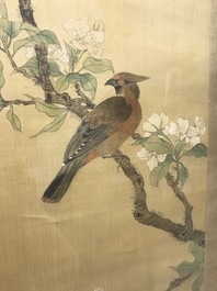 Xie Yuemei (1906-1998), A bird on a blossoming branch, watercolour on textile