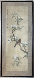 Xie Yuemei (1906-1998), A bird on a blossoming branch, watercolour on textile