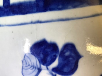 A pair of Chinese blue and white vases with ladies at a table, 19th C.