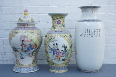 Three Chinese famille rose vases, Republic, 20th C.