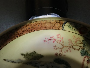 A Chinese famille rose cup and saucer depicting Lie Ti Guai with three goats, Yongzheng