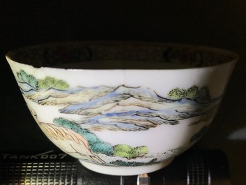 A Chinese famille rose cup and saucer depicting Lie Ti Guai with three goats, Yongzheng