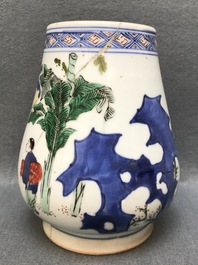 A Chinese wucai brush pot of tapering form with figural design, Transitional period