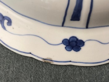 A pair of Chinese blue and white deep plates with Long Eliza and a boy, Kangxi