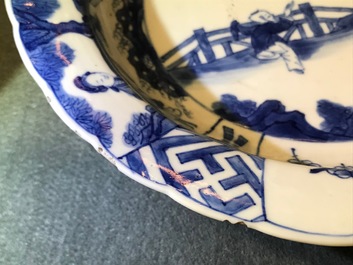 A pair of Chinese blue and white deep plates with Long Eliza and a boy, Kangxi