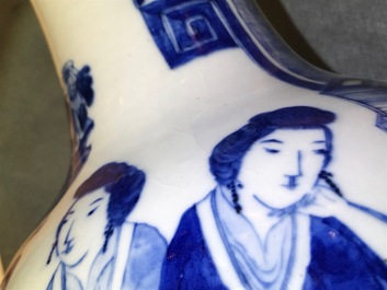 A pair of Chinese blue and white vases with ladies at a table, 19th C.