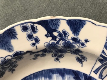 A pair of Chinese blue and white deep plates with Long Eliza and a boy, Kangxi