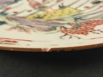 A fine Chinese famille rose dish with figures on a river, Yongzheng/Qianlong