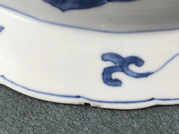 A pair of Chinese blue and white deep plates with Long Eliza and a boy, Kangxi