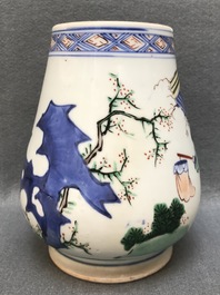 A Chinese wucai brush pot of tapering form with figural design, Transitional period